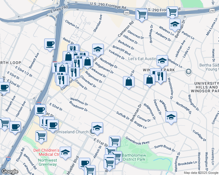 map of restaurants, bars, coffee shops, grocery stores, and more near 1409 Ridgemont Drive in Austin