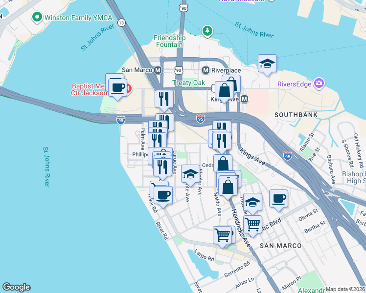 map of restaurants, bars, coffee shops, grocery stores, and more near 1402 Belmonte Avenue in Jacksonville