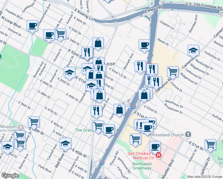 map of restaurants, bars, coffee shops, grocery stores, and more near 921 East 52nd Street in Austin