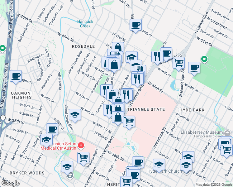 map of restaurants, bars, coffee shops, grocery stores, and more near 4214 Bellvue Avenue in Austin