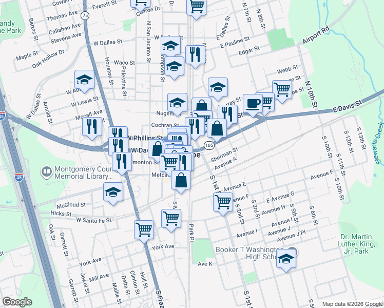 map of restaurants, bars, coffee shops, grocery stores, and more near 101 East Davis Street in Conroe