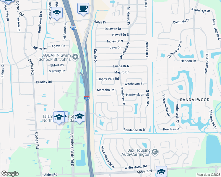 map of restaurants, bars, coffee shops, grocery stores, and more near 10831 Mareeba Road in Jacksonville