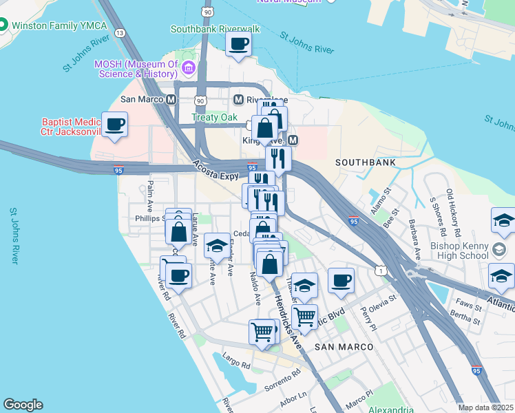 map of restaurants, bars, coffee shops, grocery stores, and more near 1416 Nira Street in Jacksonville