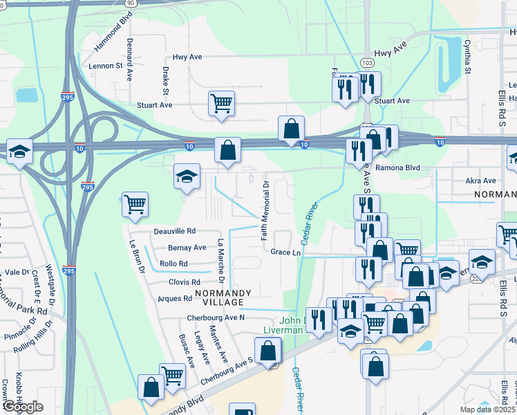 map of restaurants, bars, coffee shops, grocery stores, and more near 14 Faith Memorial Drive in Jacksonville