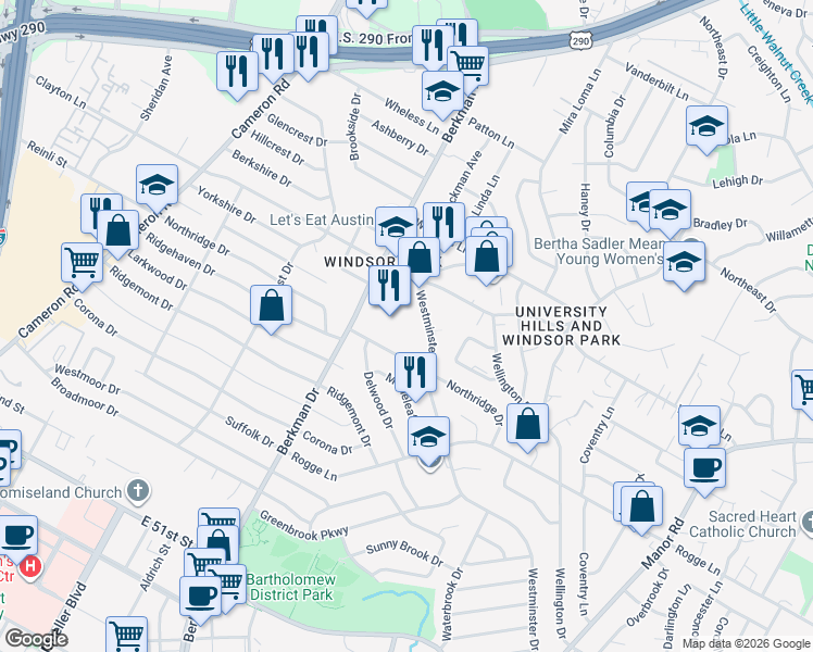 map of restaurants, bars, coffee shops, grocery stores, and more near 5811 Berkman Drive in Austin