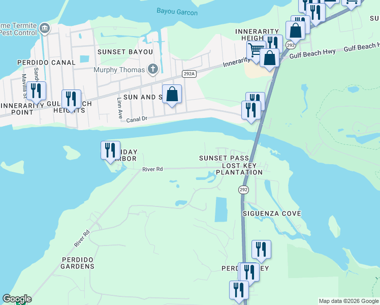 map of restaurants, bars, coffee shops, grocery stores, and more near 13900 River Road in Pensacola