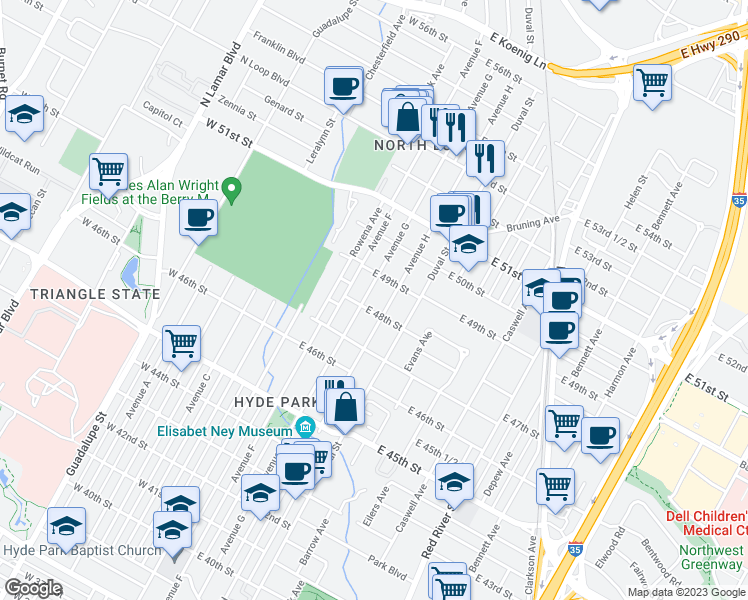 map of restaurants, bars, coffee shops, grocery stores, and more near 4805 Avenue G in Austin