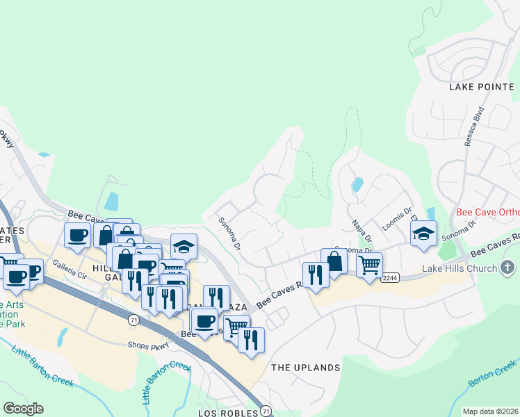 map of restaurants, bars, coffee shops, grocery stores, and more near 12413 Fairfax Ridge Place in Austin