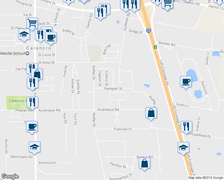 map of restaurants, bars, coffee shops, grocery stores, and more near 306 Rampart Street in Carencro