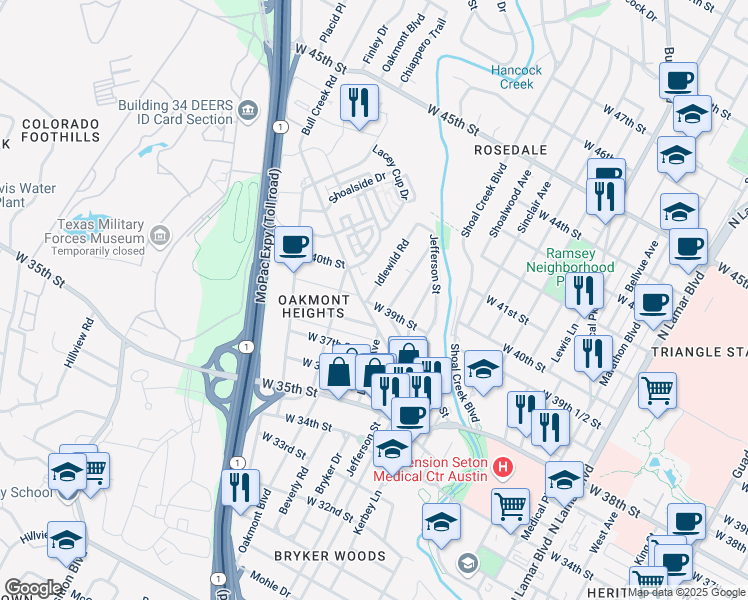 map of restaurants, bars, coffee shops, grocery stores, and more near 3901 Idlewild Rd in Austin