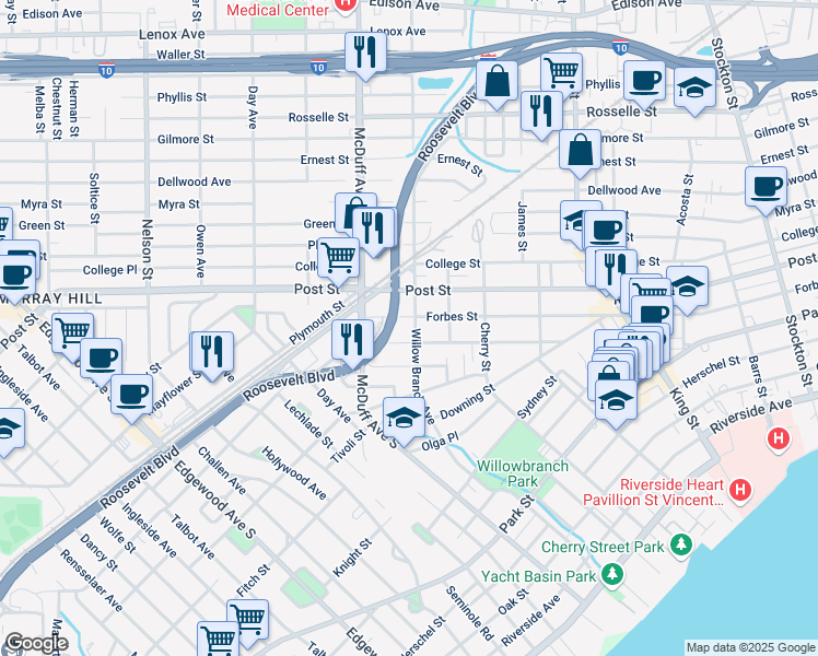 map of restaurants, bars, coffee shops, grocery stores, and more near 1046 Willow Branch Avenue in Jacksonville