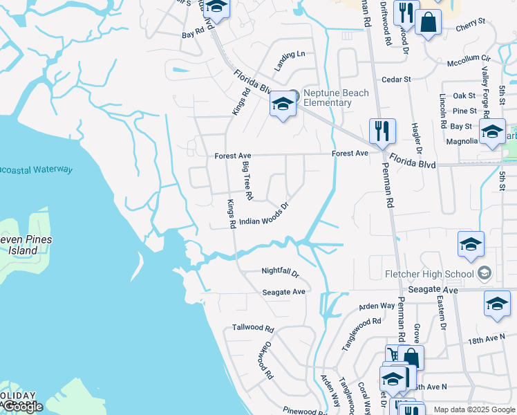 map of restaurants, bars, coffee shops, grocery stores, and more near 1500 Big Tree Road in Neptune Beach