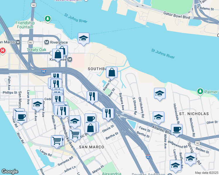 map of restaurants, bars, coffee shops, grocery stores, and more near 1961 Huntsford Road in Jacksonville