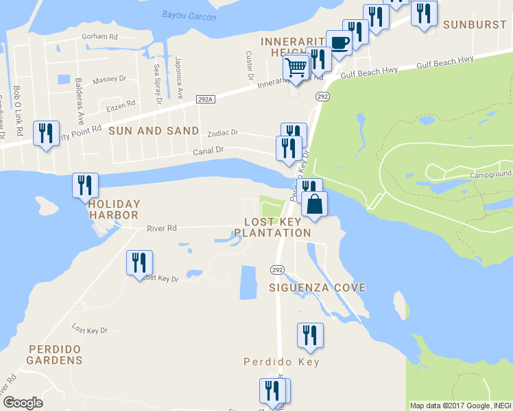 map of restaurants, bars, coffee shops, grocery stores, and more near 6052 Elysian Avenue in Pensacola