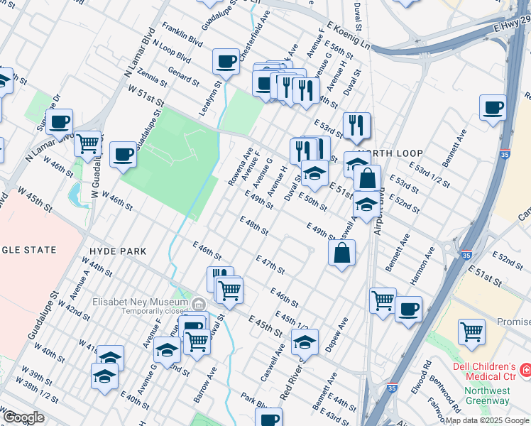 map of restaurants, bars, coffee shops, grocery stores, and more near 4811 Avenue H in Austin