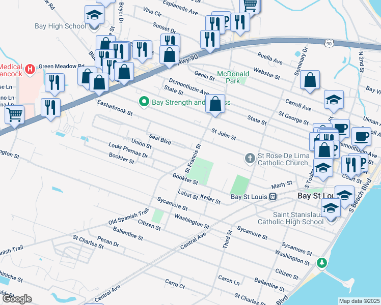 map of restaurants, bars, coffee shops, grocery stores, and more near 316 Saint Francis Street in Bay St. Louis