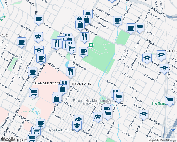 map of restaurants, bars, coffee shops, grocery stores, and more near West 46th Street & Avenue B in Austin