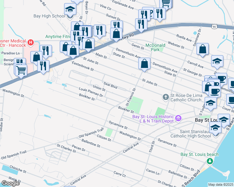 map of restaurants, bars, coffee shops, grocery stores, and more near 101 Old Spanish Trail in Bay St. Louis