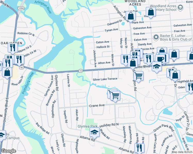 map of restaurants, bars, coffee shops, grocery stores, and more near 44 Aderhold Avenue in Jacksonville