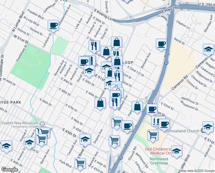 map of restaurants, bars, coffee shops, grocery stores, and more near 5005 Caswell Avenue in Austin