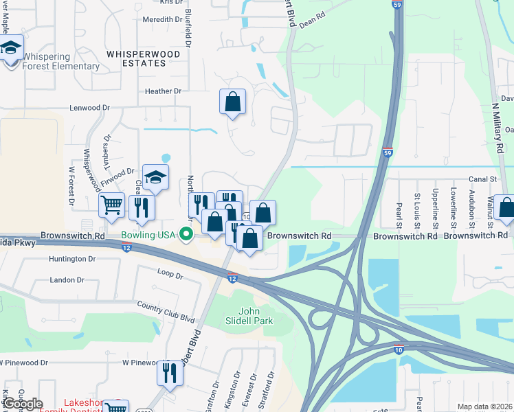 map of restaurants, bars, coffee shops, grocery stores, and more near 2432 Pelican Pointe Drive in Slidell