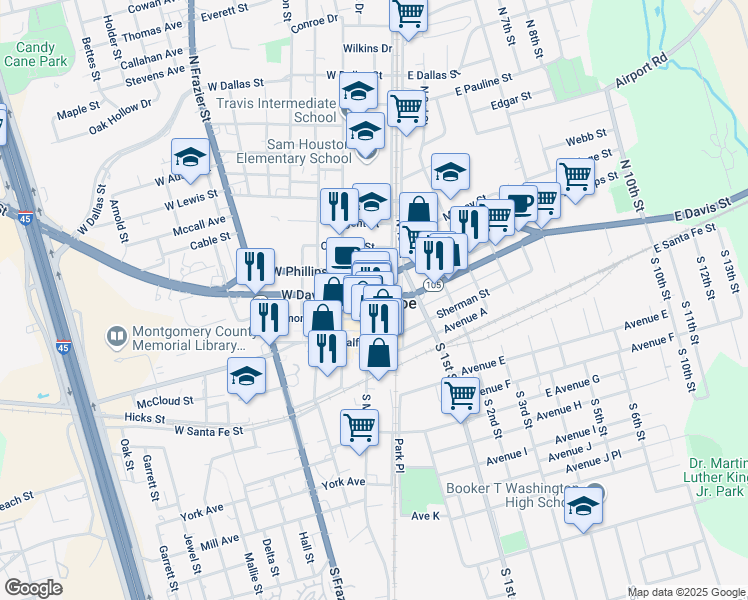 map of restaurants, bars, coffee shops, grocery stores, and more near 334 North Main Street in Conroe