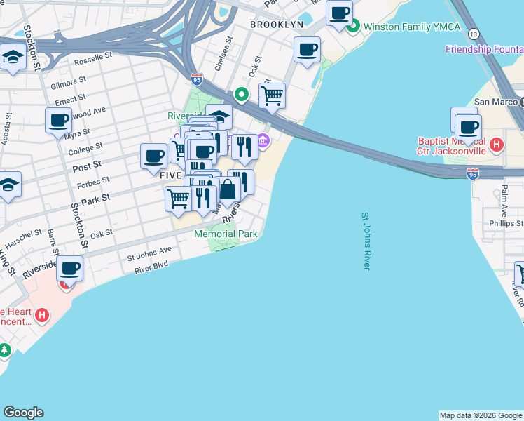 map of restaurants, bars, coffee shops, grocery stores, and more near 505 Lancaster Street in Jacksonville