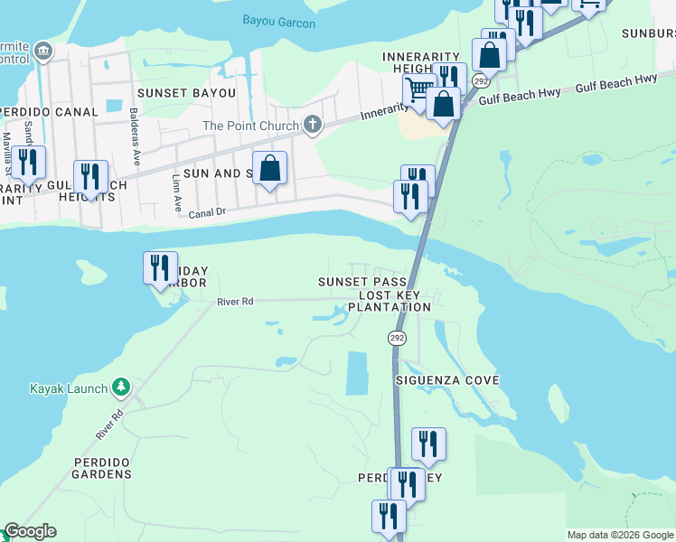 map of restaurants, bars, coffee shops, grocery stores, and more near 13820 River Road in Pensacola