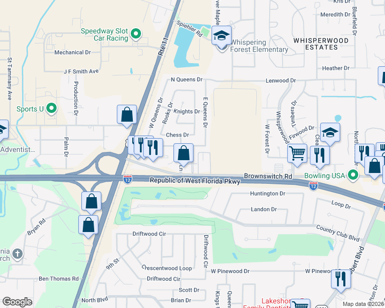 map of restaurants, bars, coffee shops, grocery stores, and more near 172 Parkway North Drive in Slidell