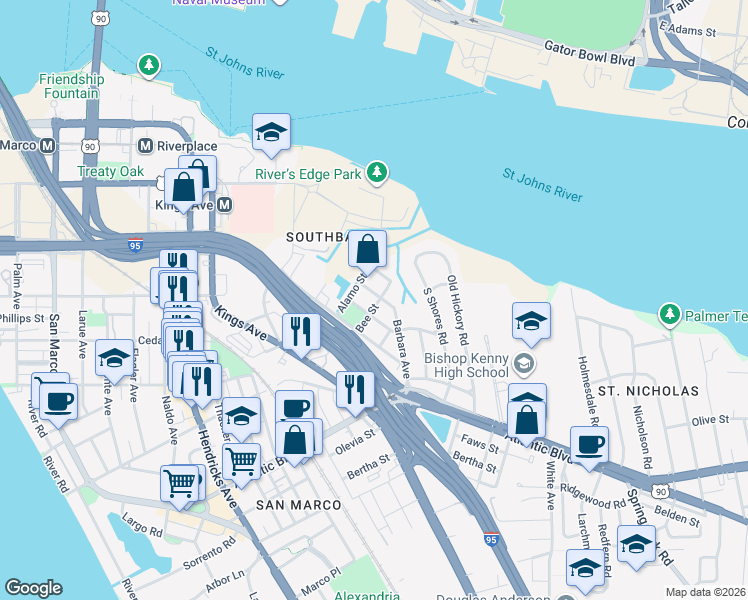 map of restaurants, bars, coffee shops, grocery stores, and more near 2032 Reed Avenue in Jacksonville
