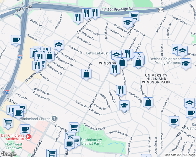 map of restaurants, bars, coffee shops, grocery stores, and more near 1606 Ridgehaven Drive in Austin