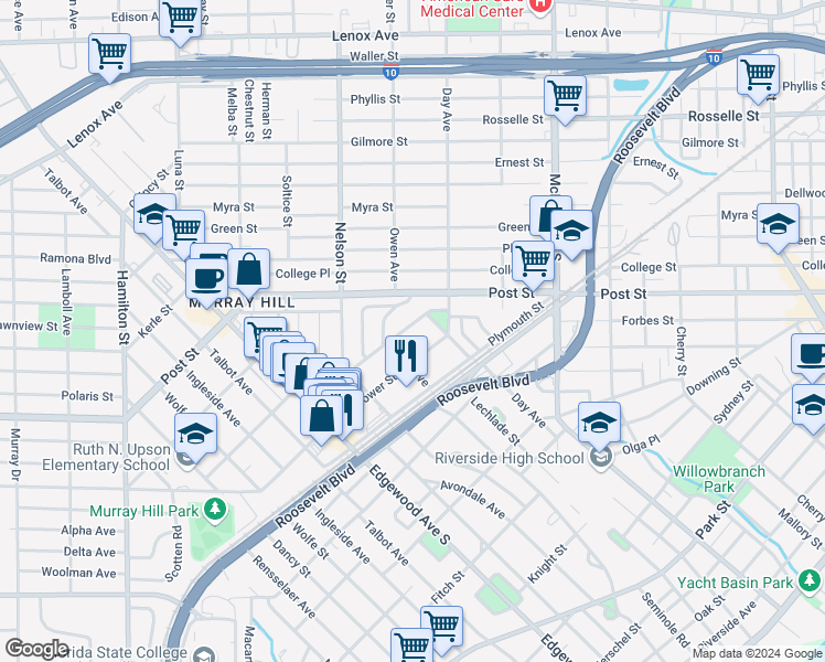map of restaurants, bars, coffee shops, grocery stores, and more near 3232 Corby Street in Jacksonville