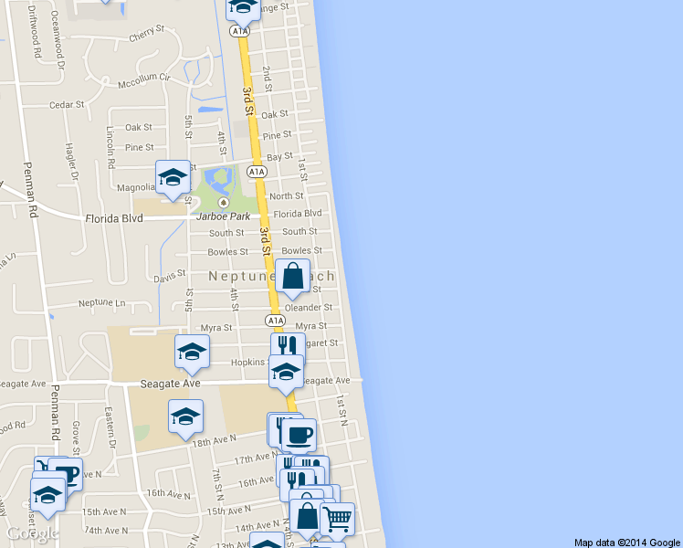 map of restaurants, bars, coffee shops, grocery stores, and more near 1602 Ocean Front in Neptune Beach