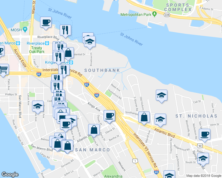 map of restaurants, bars, coffee shops, grocery stores, and more near 1951 Huntsford Road in Jacksonville