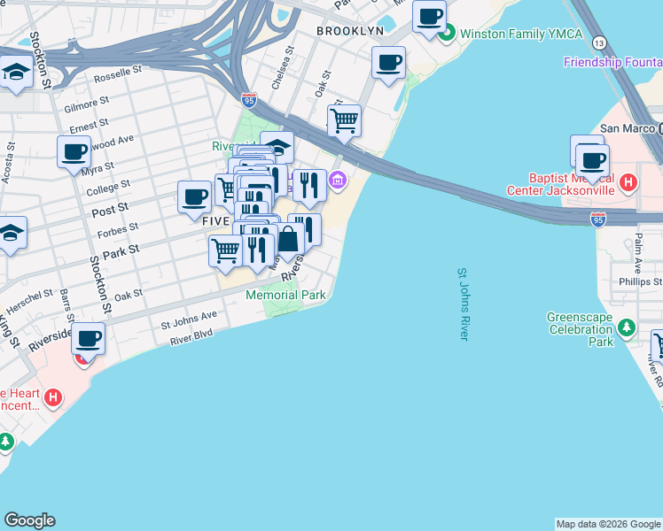 map of restaurants, bars, coffee shops, grocery stores, and more near 505 Lancaster Street in Jacksonville