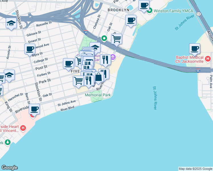map of restaurants, bars, coffee shops, grocery stores, and more near 550 Lancaster Street in Jacksonville