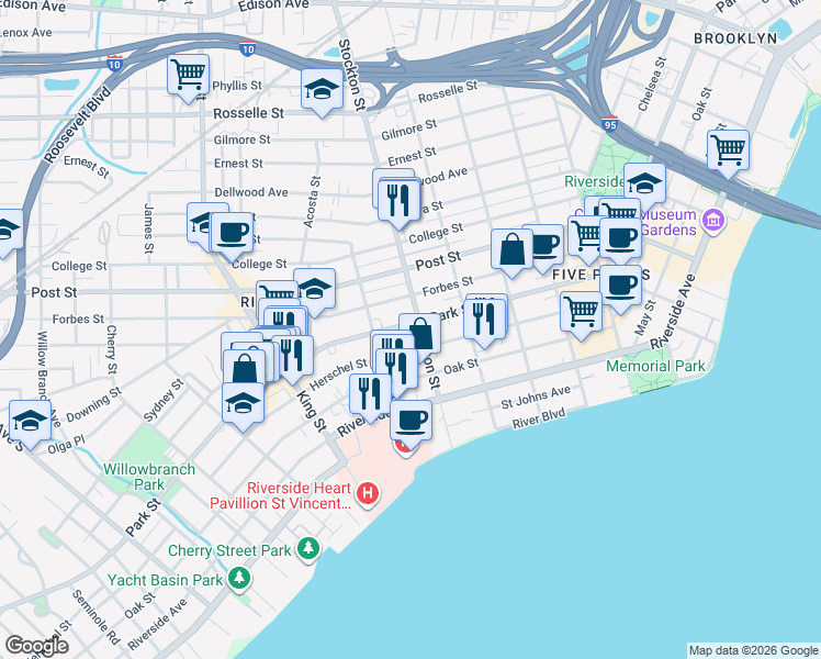 map of restaurants, bars, coffee shops, grocery stores, and more near 2504 Park Street in Jacksonville