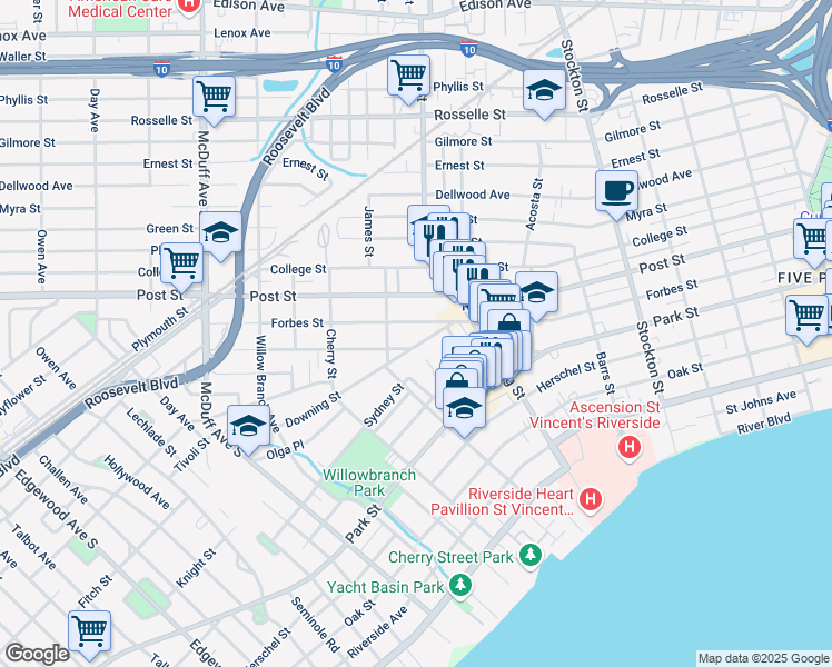 map of restaurants, bars, coffee shops, grocery stores, and more near 2780 Forbes Street in Jacksonville