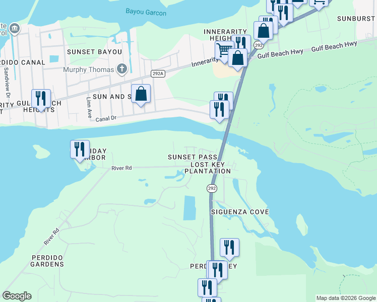 map of restaurants, bars, coffee shops, grocery stores, and more near 6049 Elysian Avenue in Pensacola