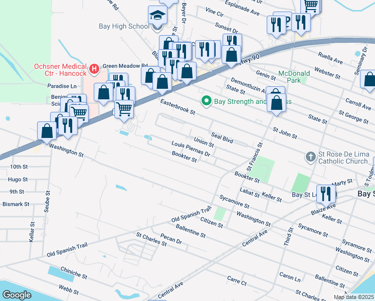 map of restaurants, bars, coffee shops, grocery stores, and more near 910 Shieldsborough Drive in Bay Saint Louis
