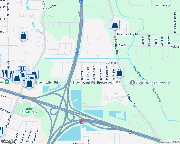 map of restaurants, bars, coffee shops, grocery stores, and more near 4153 Saint Louis Street in Slidell