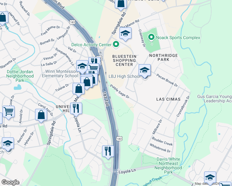 map of restaurants, bars, coffee shops, grocery stores, and more near 5101 Purple Sage Drive in Austin