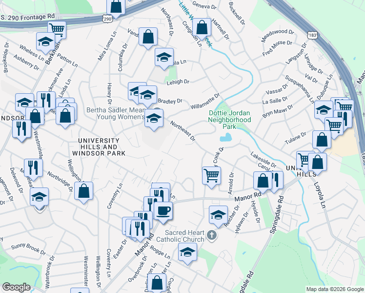 map of restaurants, bars, coffee shops, grocery stores, and more near 6403 Chimney Creek Circle in Austin