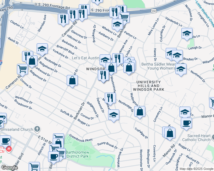 map of restaurants, bars, coffee shops, grocery stores, and more near 5811 Berkman Drive in Austin