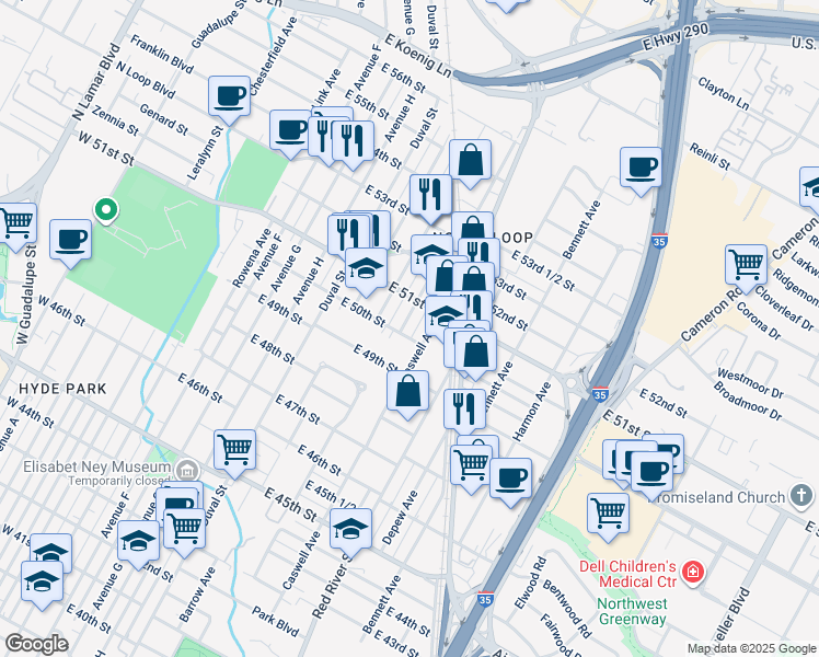 map of restaurants, bars, coffee shops, grocery stores, and more near 5003 Eilers Avenue in Austin