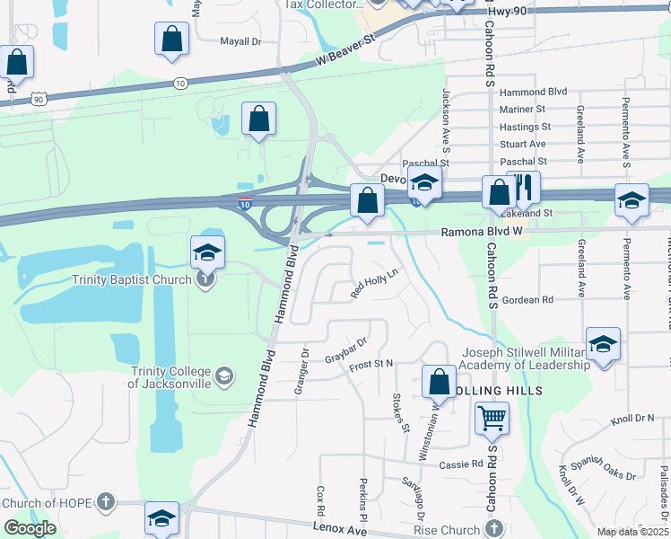 map of restaurants, bars, coffee shops, grocery stores, and more near 8450 Trambley Dr N in Jacksonville
