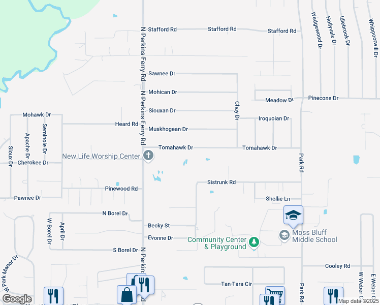 map of restaurants, bars, coffee shops, grocery stores, and more near 1403 Tomahawk Drive in Lake Charles