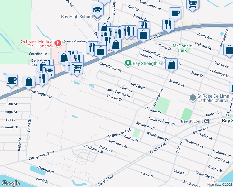 map of restaurants, bars, coffee shops, grocery stores, and more near 910 Shieldsborough Drive in Bay Saint Louis