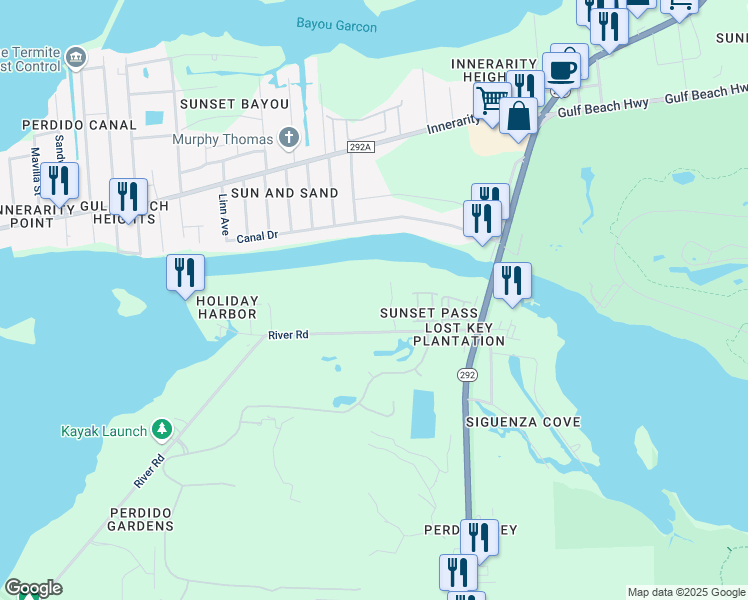 map of restaurants, bars, coffee shops, grocery stores, and more near 13840 River Road in Pensacola