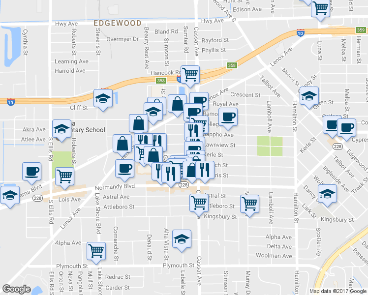 map of restaurants, bars, coffee shops, grocery stores, and more near 5036 Lawnview Street in Jacksonville